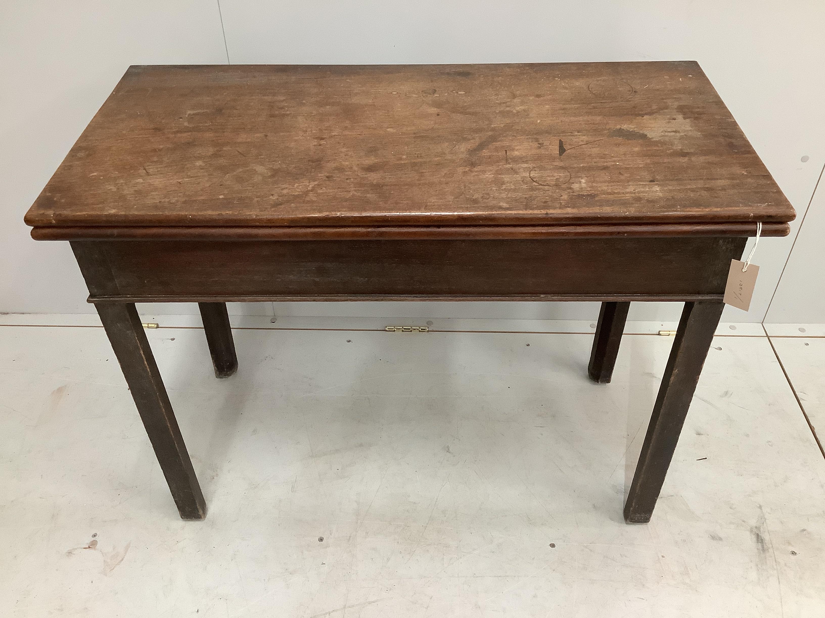 A George III rectangular mahogany folding tea table, width 96cm, depth 45cm, height 72cm